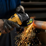 Angle grinder cutting metal pipe with diamond disc