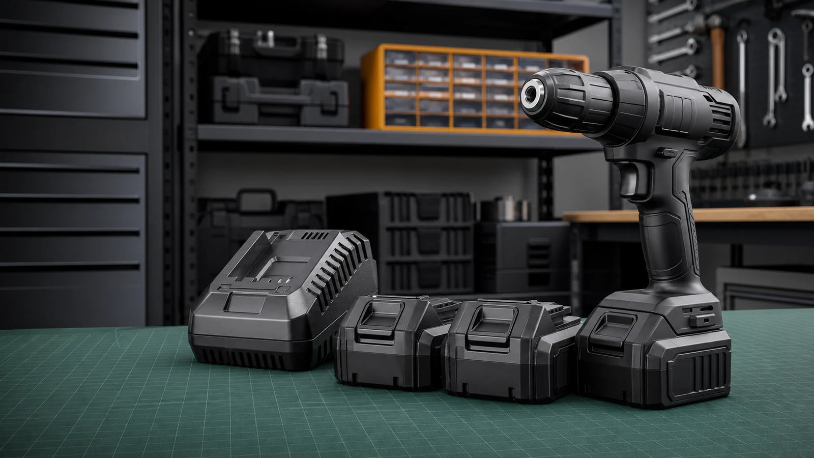 Generic cordless tool batteries and charger on a workbench.