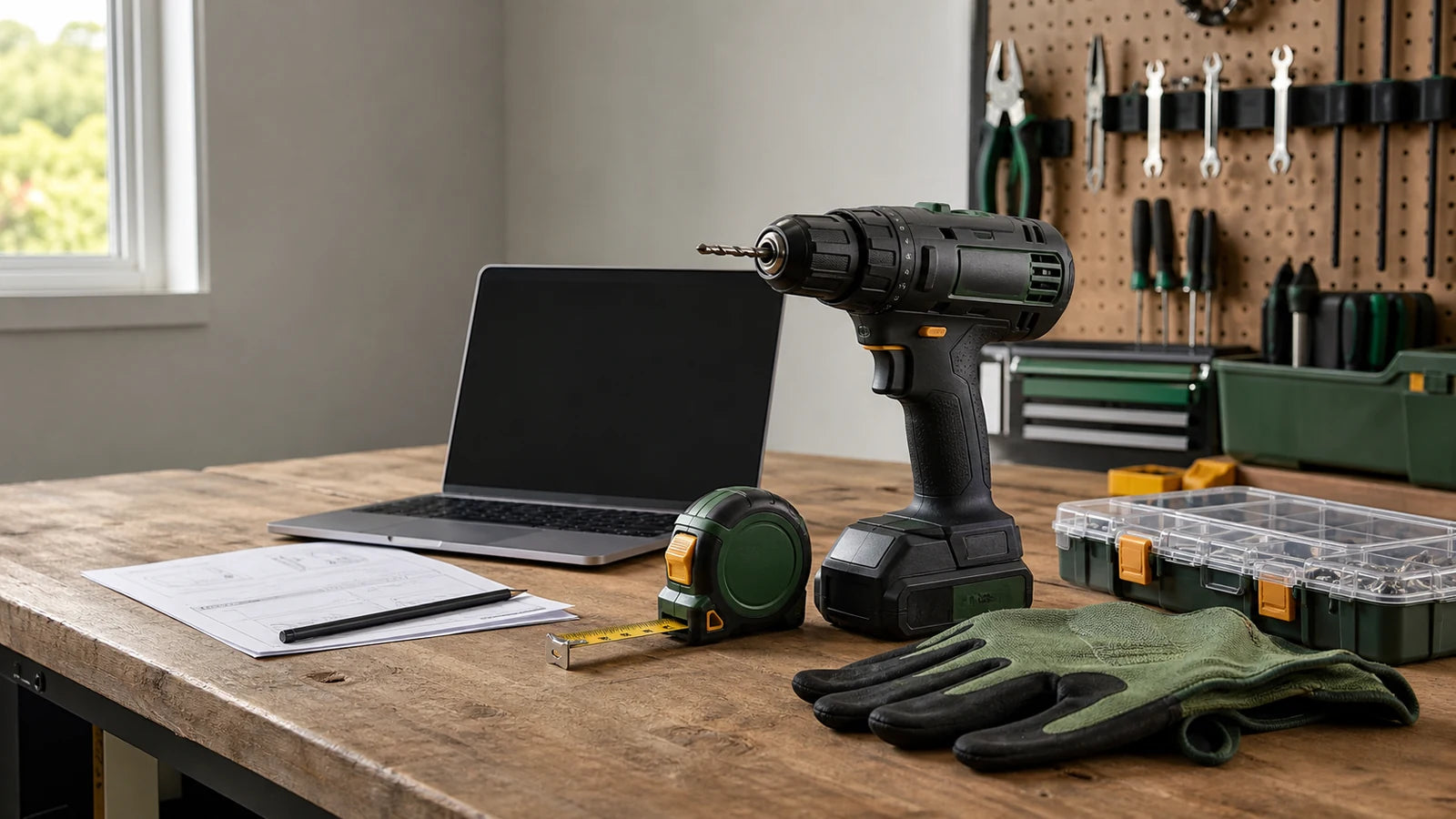 Support-oriented workbench scene with generic tools, papers, and laptop.
