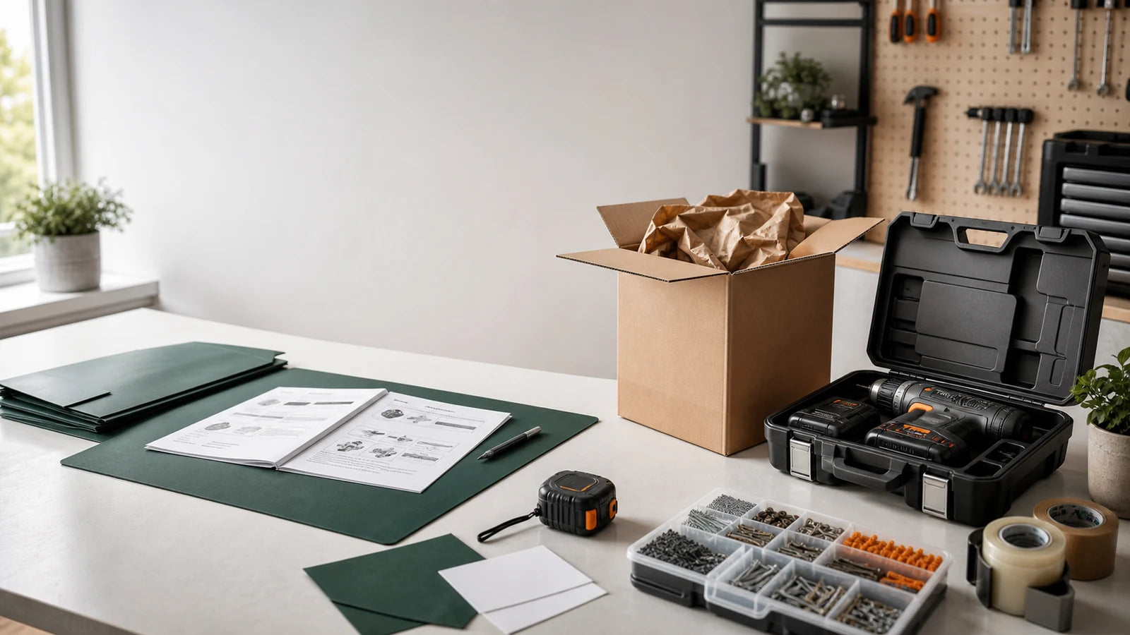 Workshop table with practical tools, packing materials, and support paperwork.