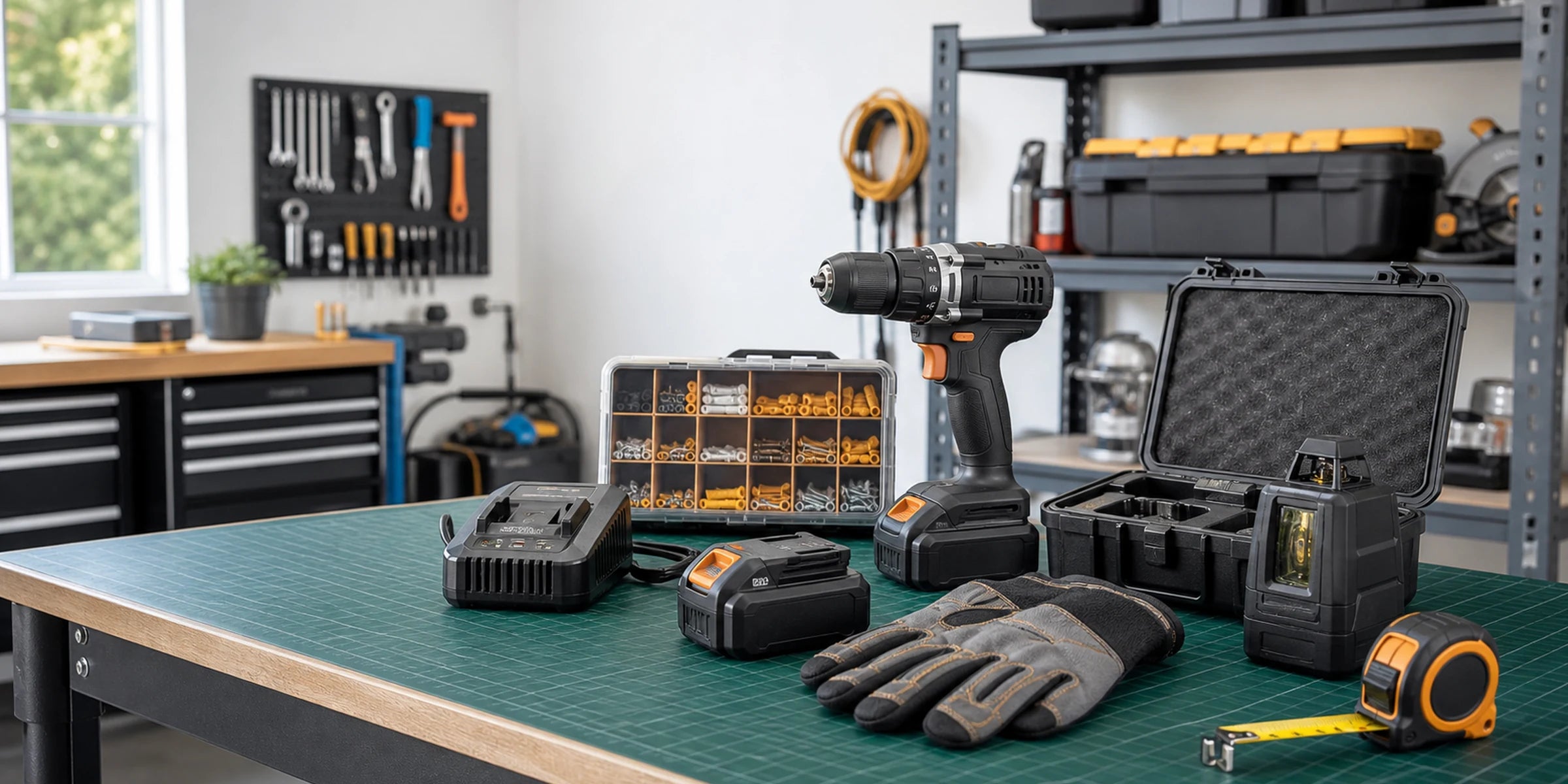 Workbench with generic tools and accessories in a residential garage.